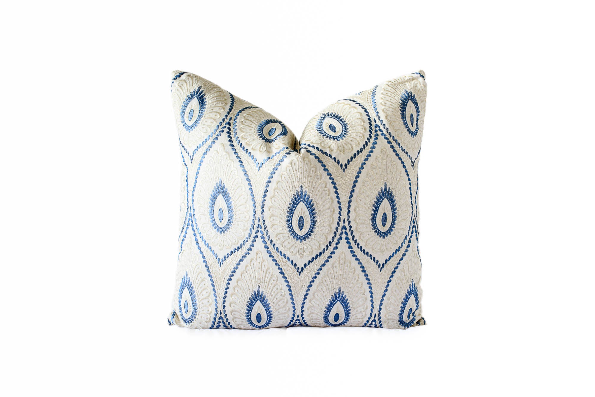 Blue and Ivory Embroidered Throw Pillow