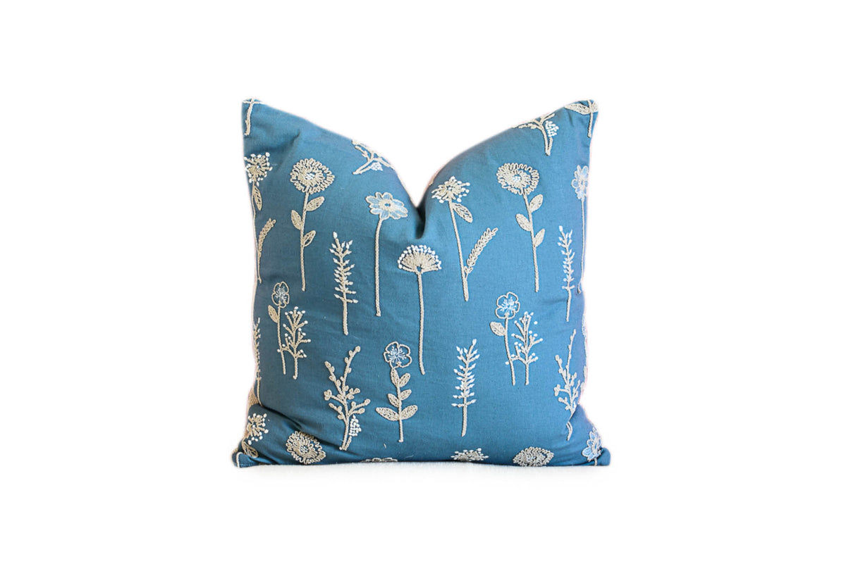 Blue Embroidered Throw Pillow