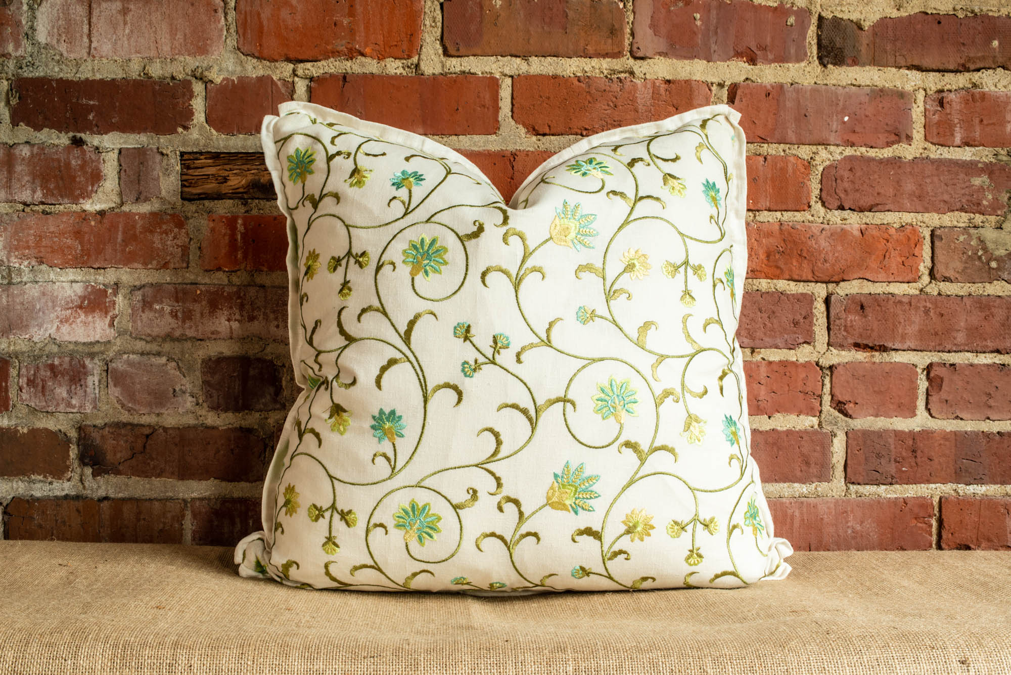 Vine and Floral Embroidered Pillow